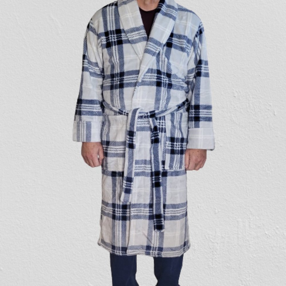 'New' daniel buchler Plush Mens Robe Patterned Striped Wht/Blue Pockets Size M/L - Picture 2 of 3